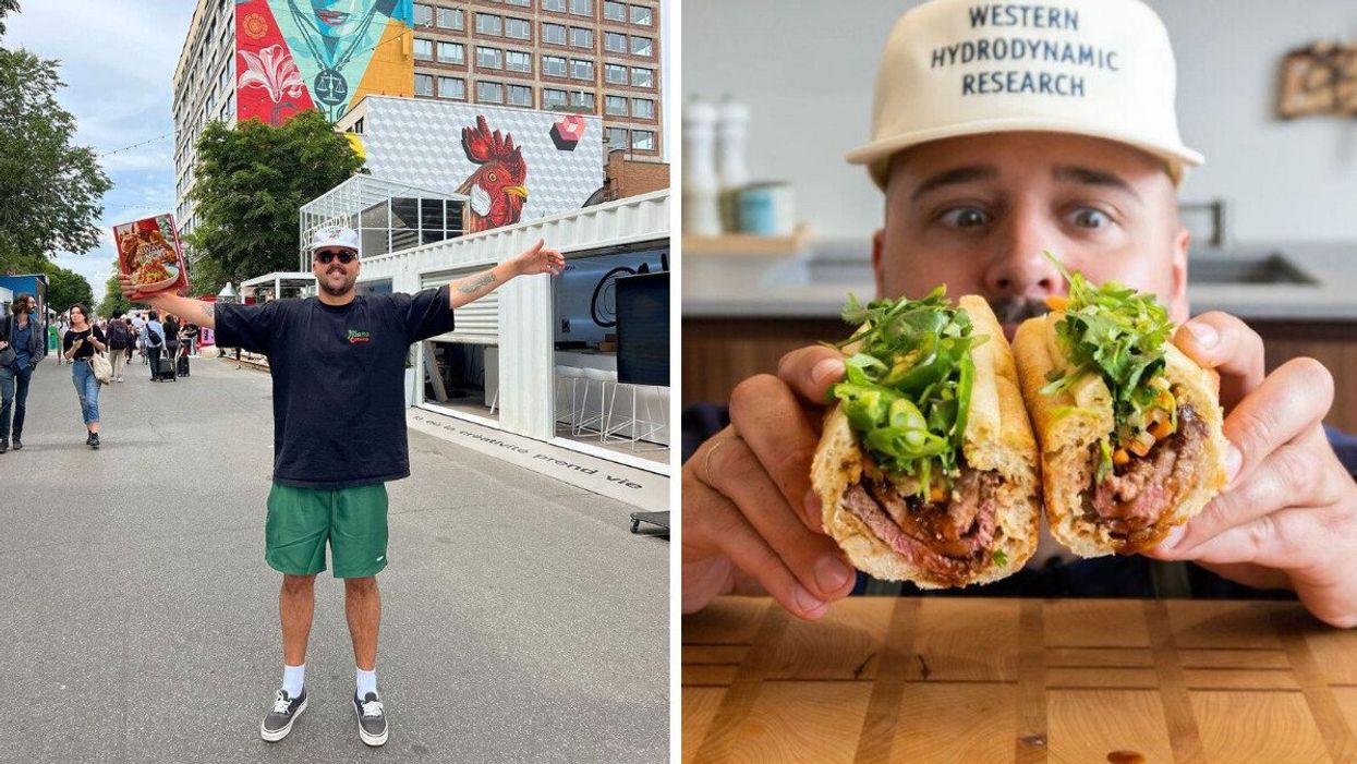 Laurent Dagenais stands on a street in Montreal with his arms outstretched, in his right hand, he holds a copy of his cookbook "Always Hungry." Right: Laurent Dagenais holds two halves of a bahn mi sandwich in the foreground, hiding most of his face except his eyes.