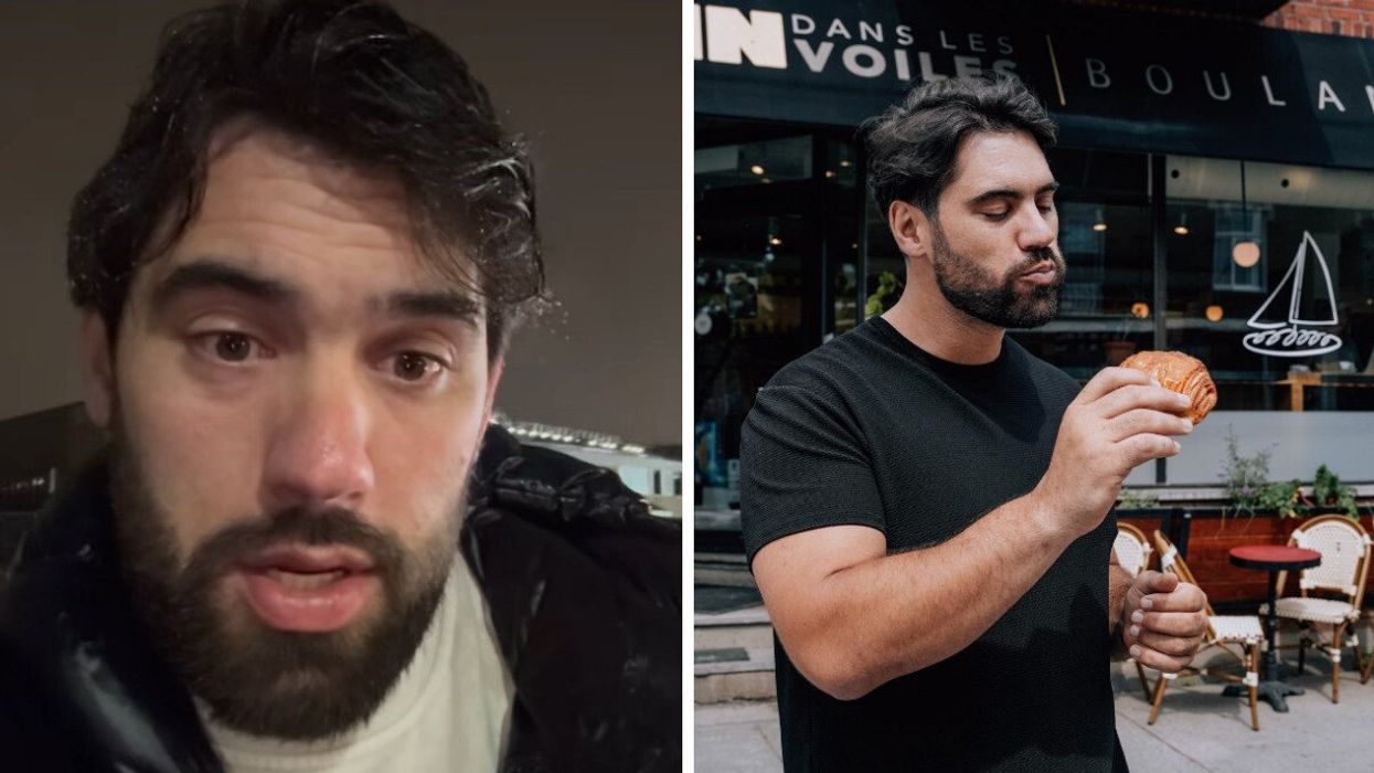 Laurent Duvernay-Tardif annonce que le labo de viennoiseries a passé au feu. Droite : Laurent Duvernay-Tardif mange un croissant.