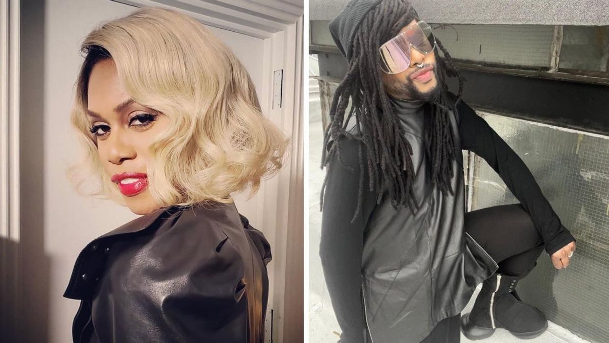Laverne Cox with a blonde bob and red lipstick. Right: M Lamar, Laverne Cox's twin, in sunglasses.
