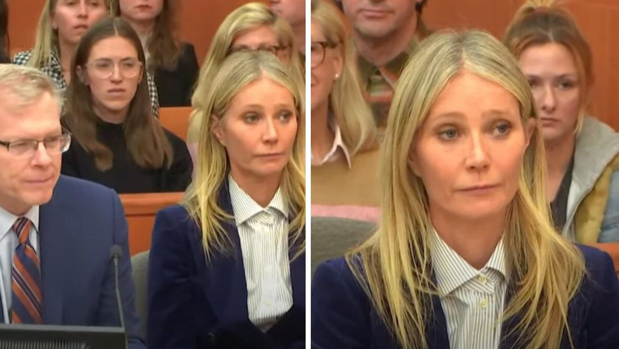 Lawyer Stephen Owens and actor Gwyneth Paltrow at her ski trial in Utah. Right: Gwyneth Paltrow at her ski trial.