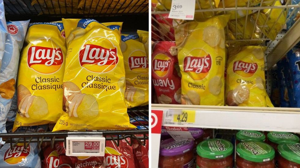 Lay's Classic chips at Loblaws. Right: Lay's Classic chips at Target.