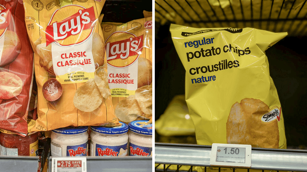 Lays potato chips. Right: no name regular potato chips.