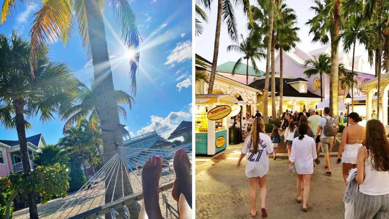 Lazing on a hammock at Atlantis Paradise Island Bahamas. Right: Taking a stoll through the Marina Village