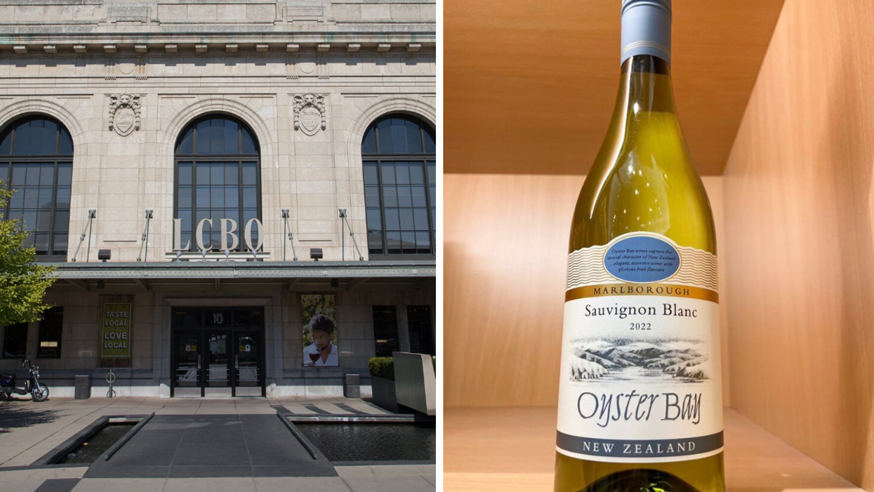 LCBO. Right: Bottle of Oyser Bay Sauvignon Blan.