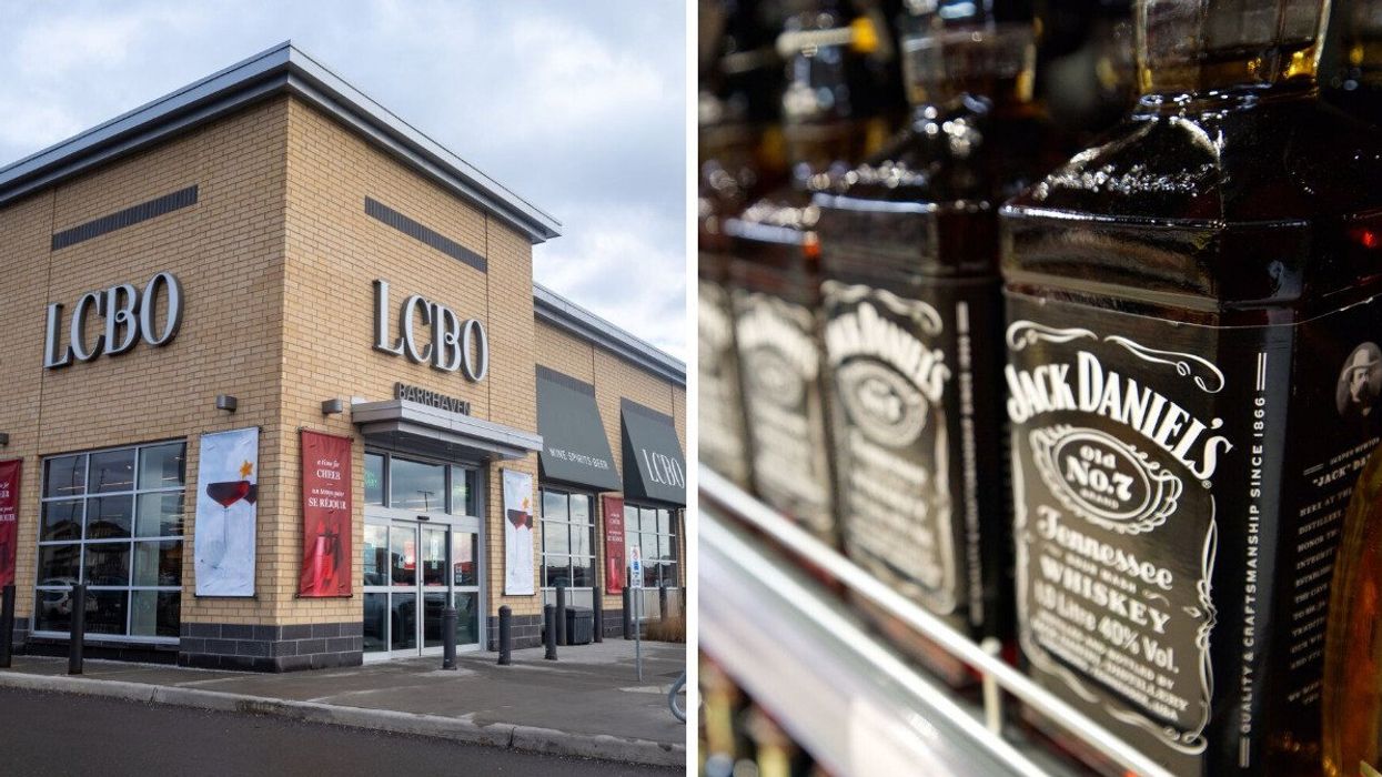 LCBO store exterior. Right: Jack Daniel's whisky in a liquor store.