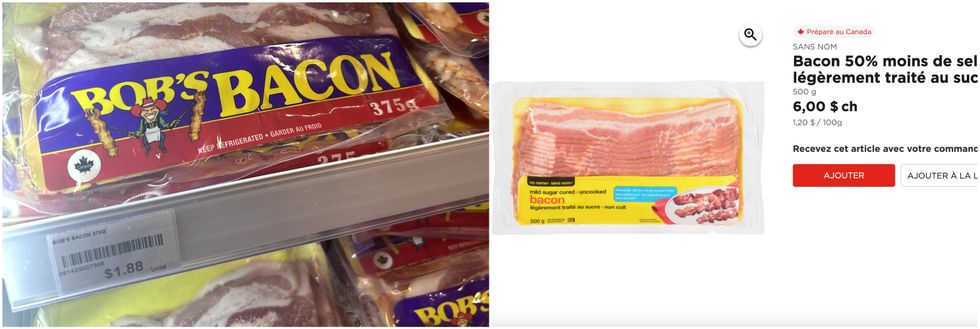 Le bacon Bob's Bacon au Liquidation Marie de Montr\u00e9al. Droite : Le bacon Sans nom sur le site du Maxi.