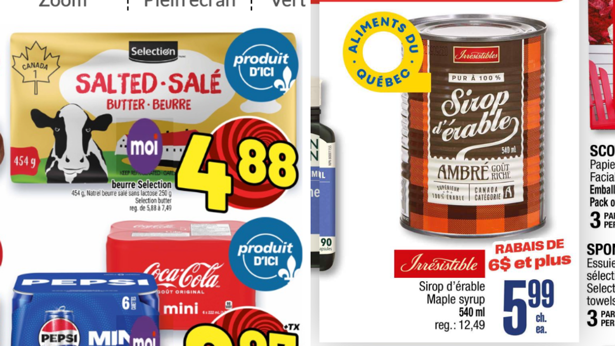 Le beurre en rabais au Metro. Droite : Le sirop d'érable en rabais au Jean Coutu.