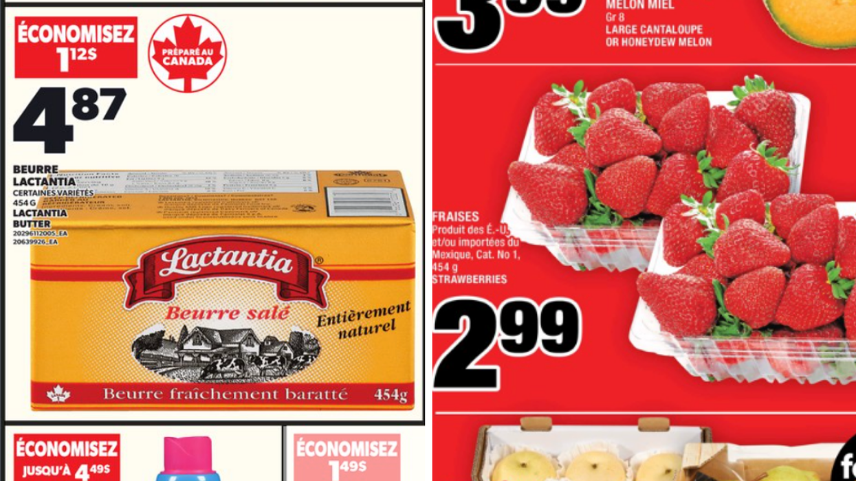 Le beurre salé Lactantia en rabais au Provigo. Droite : Les fraises en rabais au Super C.
