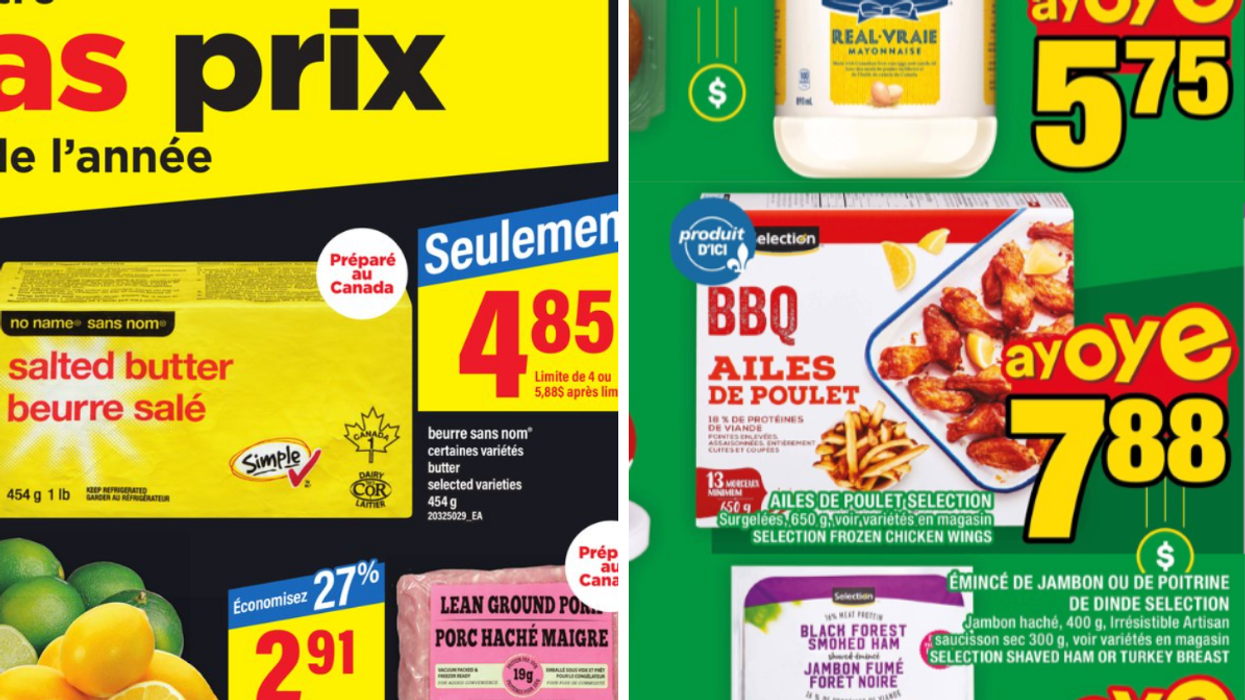 Le beurre salé Sans nom en rabais dans la circulaire du Maxi. Droite : Les ailes de poulet Selection dans la circulaire du Super C.