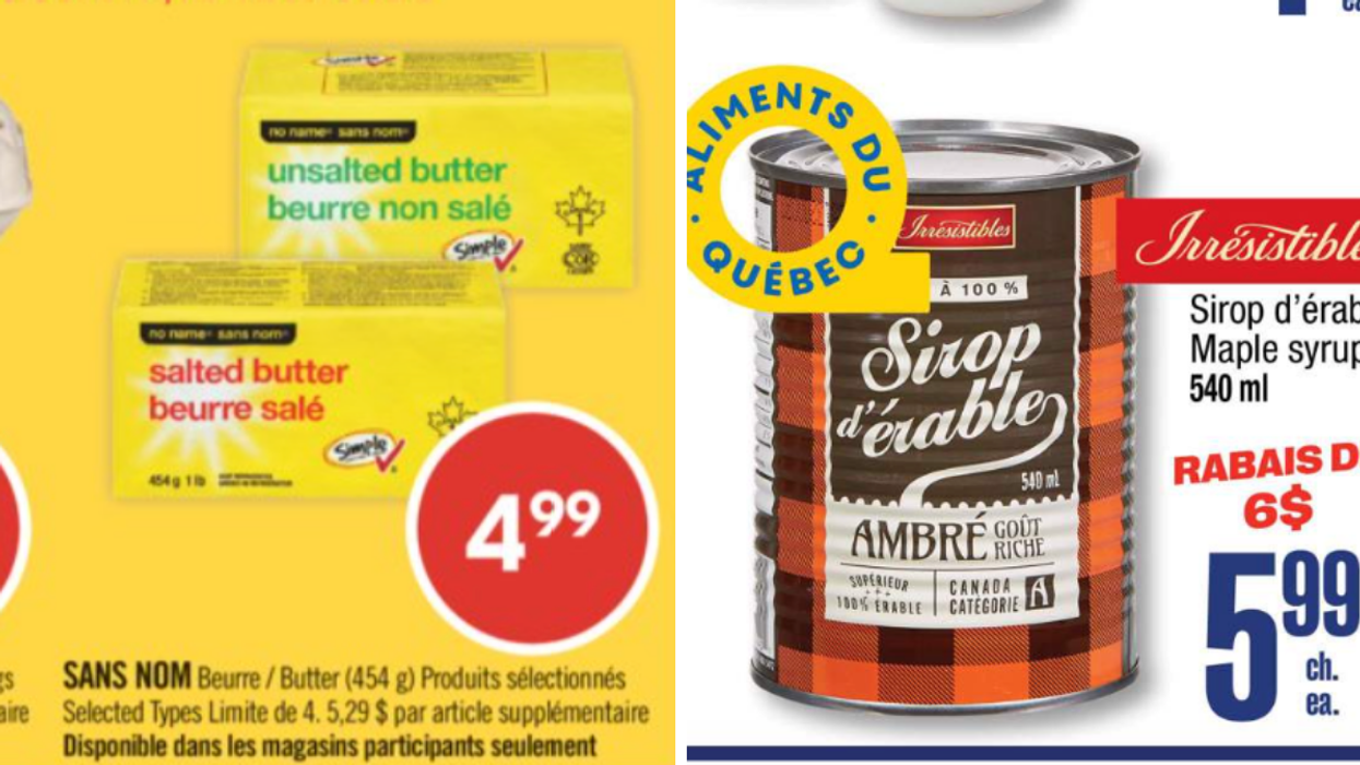 Le beurre Sans Nom dans la circulaire du Pharmaprix. Droite : Sirop d'érable Irrésistible dans la circulaire du Jean Coutu.