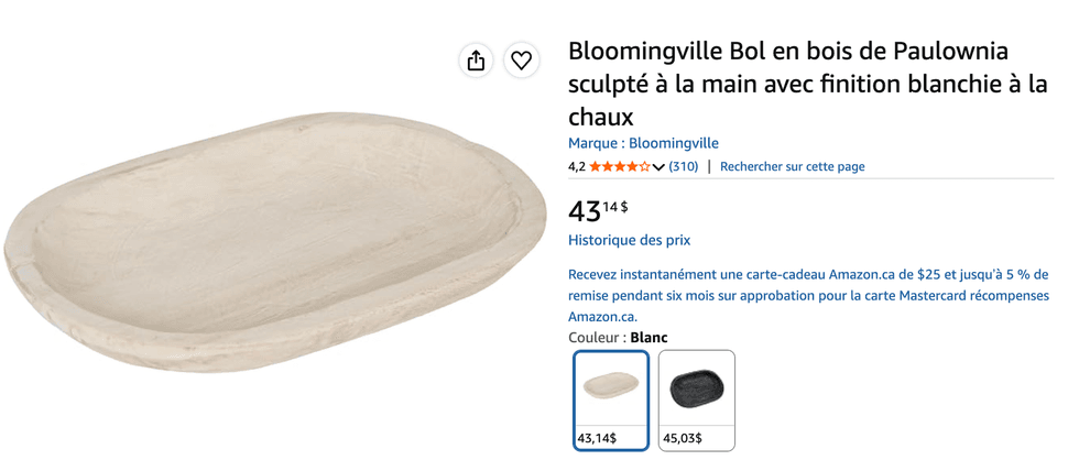 Le bol en bois Bloomingville \u00e0 vendre sur le site d'Amazon Canada.