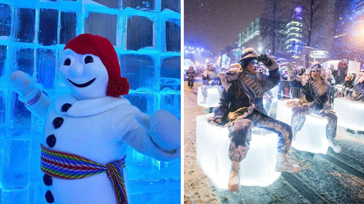 Le Bonhomme Carnaval de Québec. Droite : Le Défilé de nuit du Carnaval de Québec.