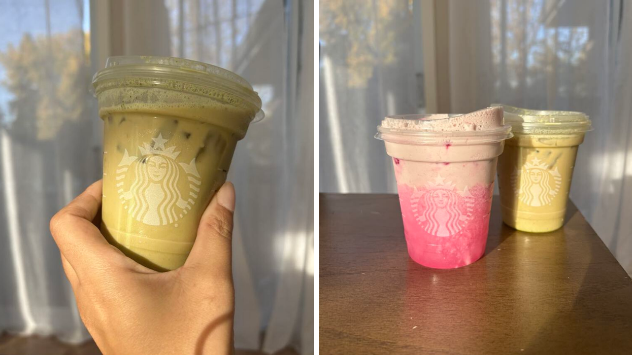 Le Breuvage froid d'Elphaba du Starbucks. Droite : La Potion Rose de Glinda et le Breuvage froid d'Elphaba.