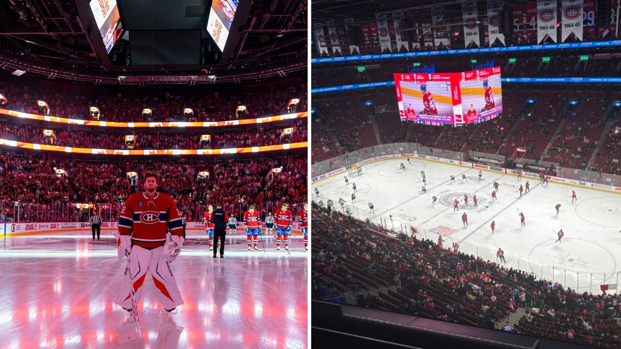 Le Canadien de Montréal. Droite : vue de la glace du Centre Bell.