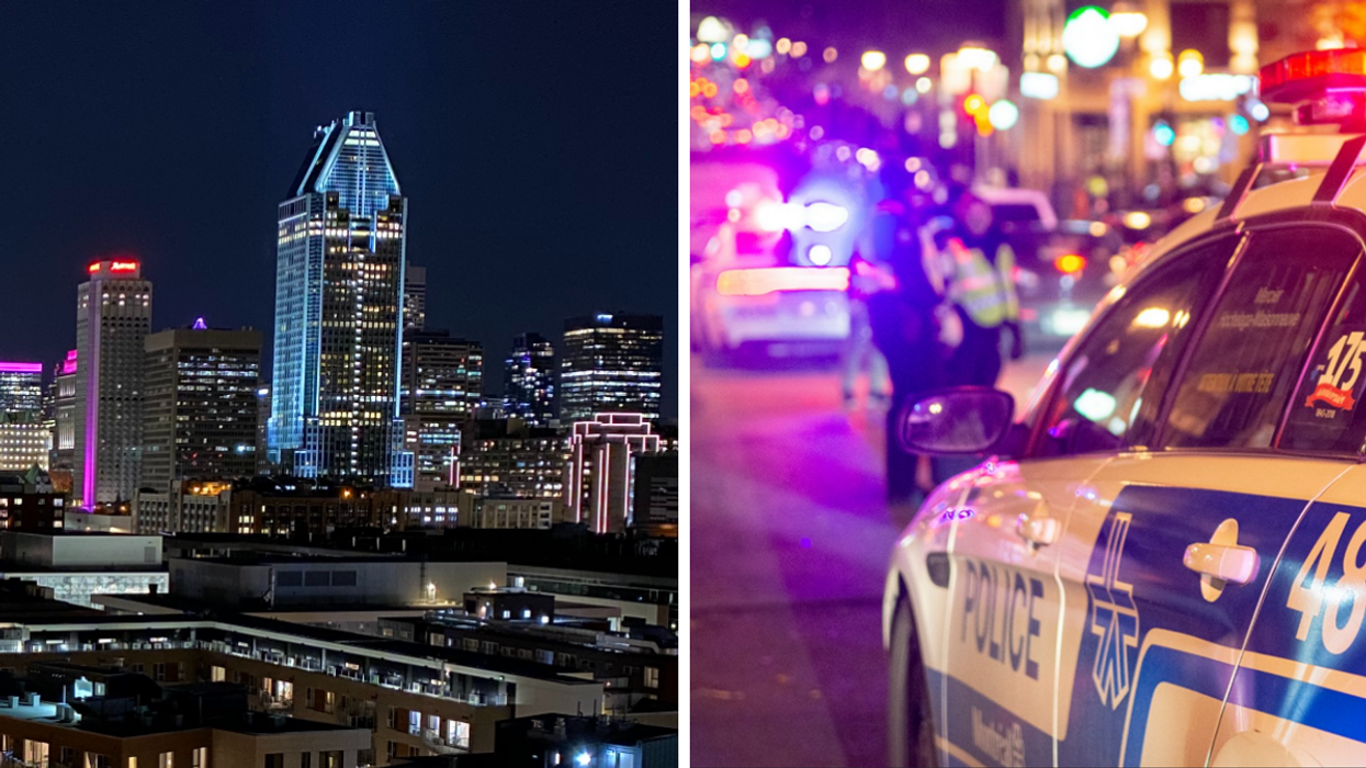 Le centre-ville de Montréal. Droite : Le SPVM.