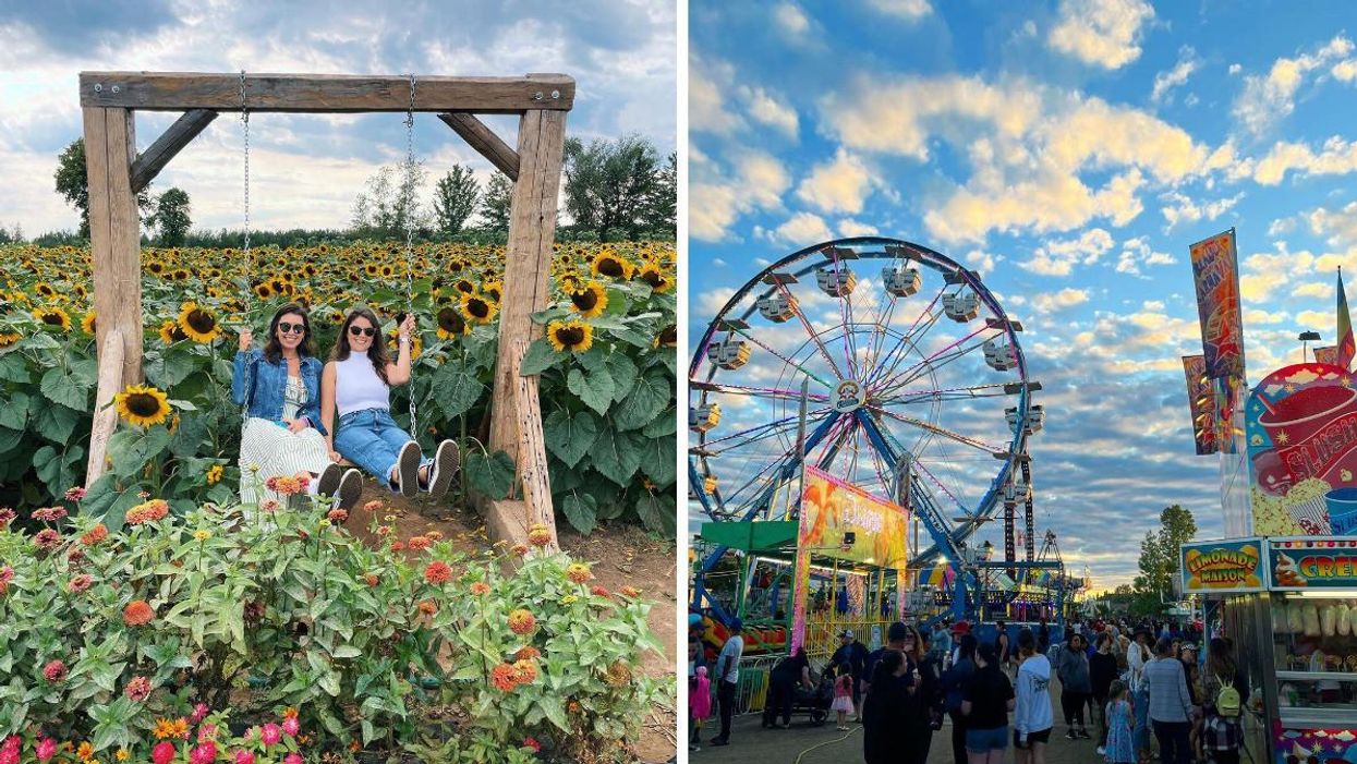 Le champ de tournesols La Belle de Coteau-du-Lac. Droite : La foire de Beauce Carnaval.