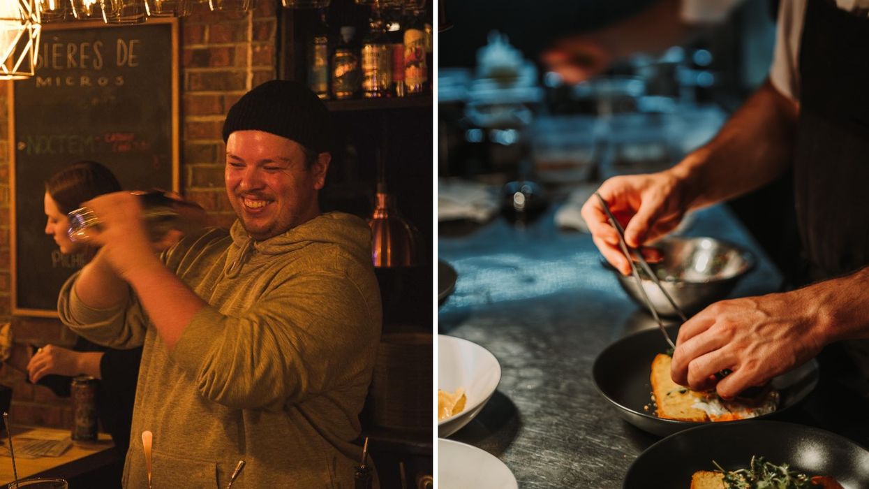 Le chef Étienne Nadeau. Droite : un cuisinier.
