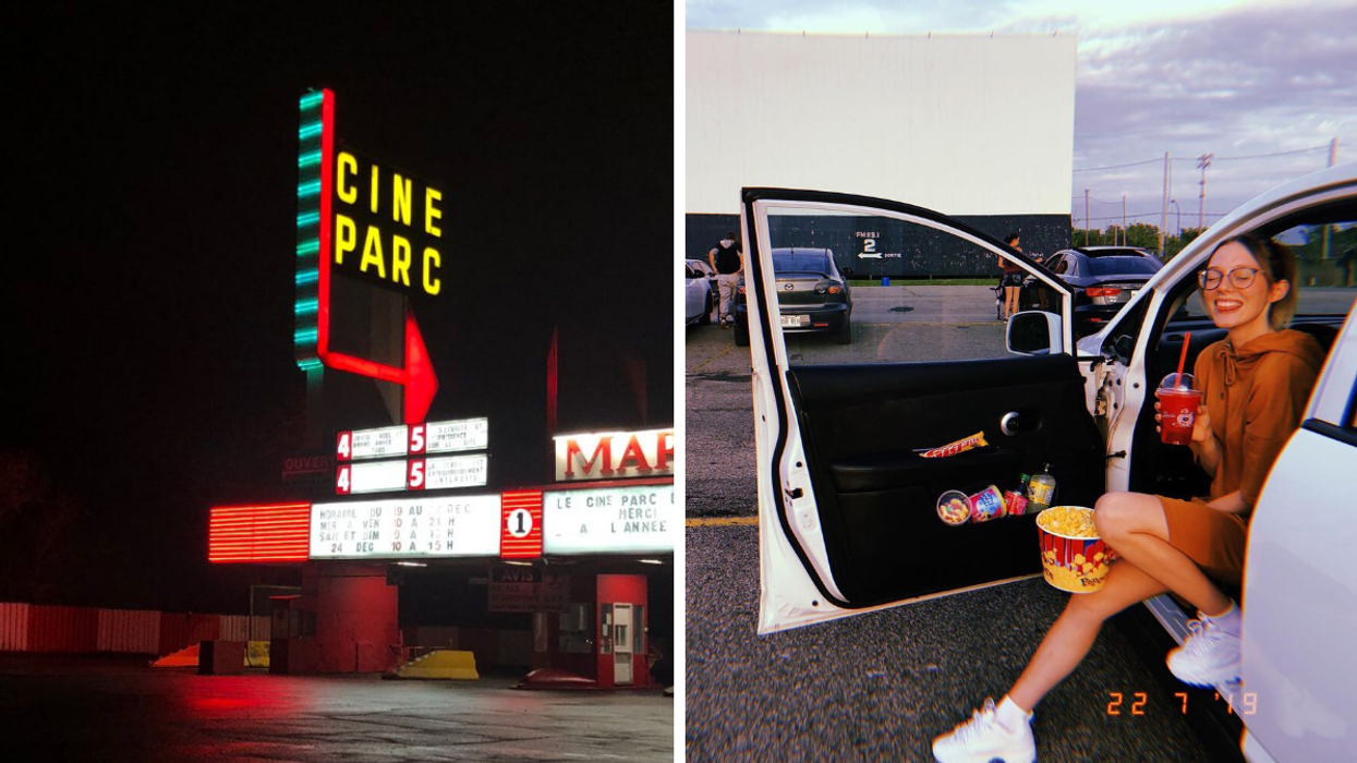 Le ciné-parc Mathers à Saint-Eustache. Droite : Une personne dans sa voiture au ciné-parc.