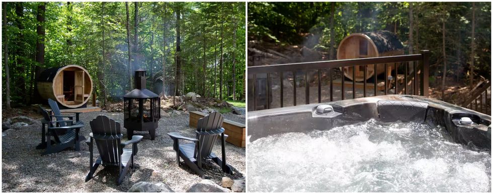 Le coin foyer ext\u00e9rieur et le sauna. Droite : Le jacuzzi et le sauna.