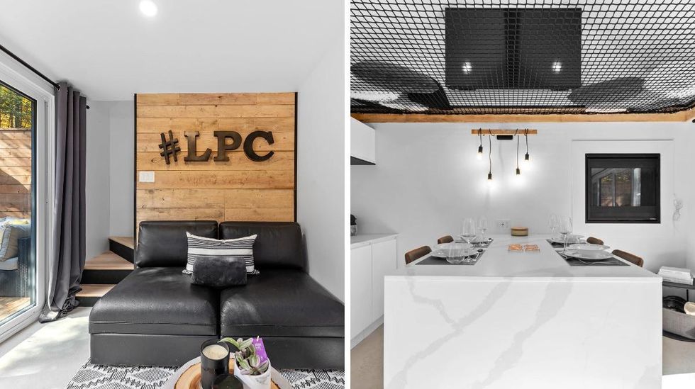 Le coin salon. Droite : La cuisine et le hamac suspendu.