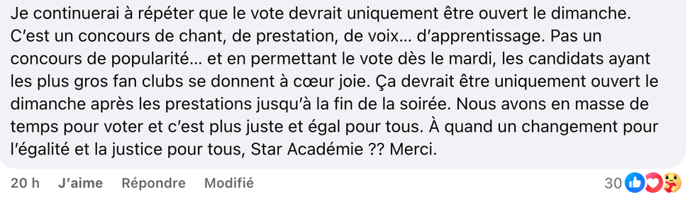 Le commentaire d'une personne au sujet du syst\u00e8me de votes \u00e0 Star Acad\u00e9mie.