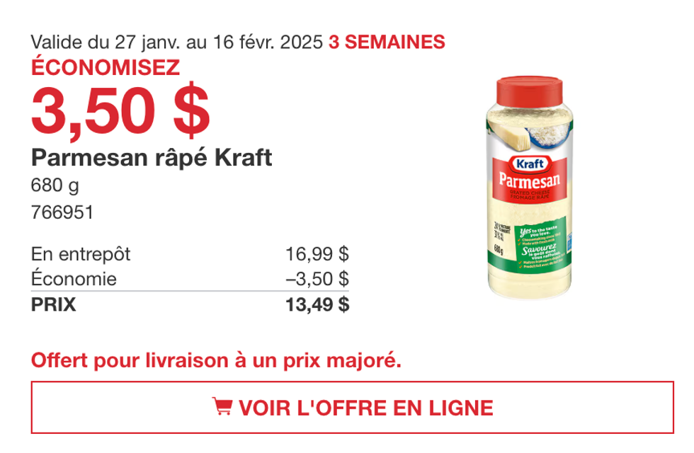 Le contenant de parmesan r\u00e2p\u00e9 de Kraft dans la circulaire en ligne du Costco.