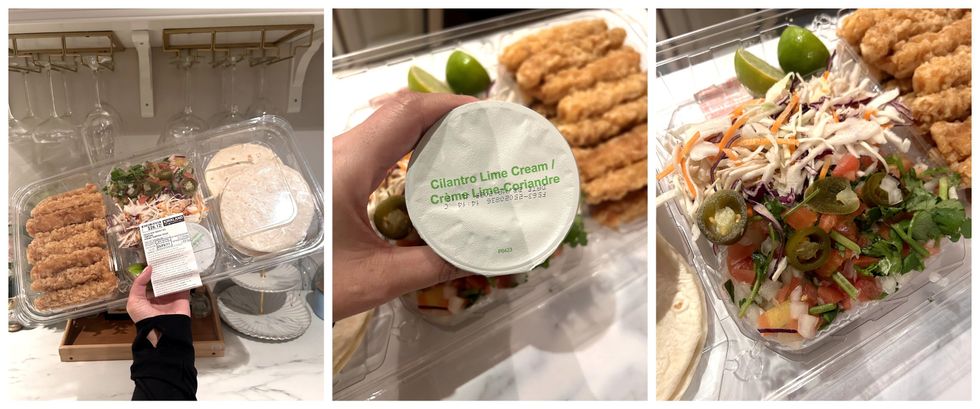 Le contenant de tacos aux crevettes tempura pr\u00eat-\u00e0-manger du Costco. Centre : La sauce cr\u00e9meuse lime-coriandre. Droite : La salade de chou et le pico de gallo.
