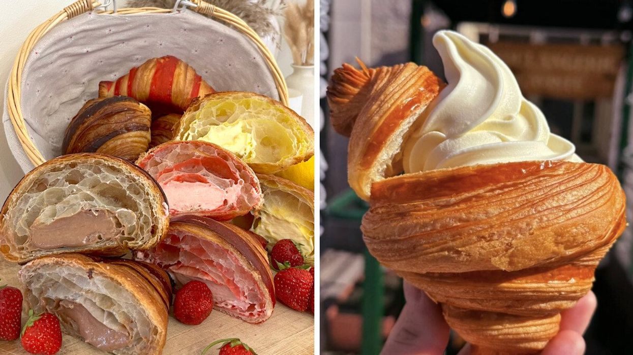 Le croissant « coeur gourmand » de L'Amour du pain. Droite : Le croissant à la crème glacée de La cave à manger.