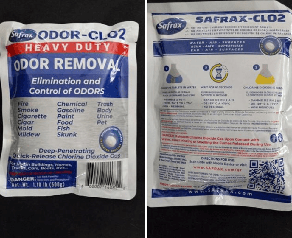 Le d\u00e9sodorisant en comprim\u00e9s \u00e0 base de dioxyde de chlore.