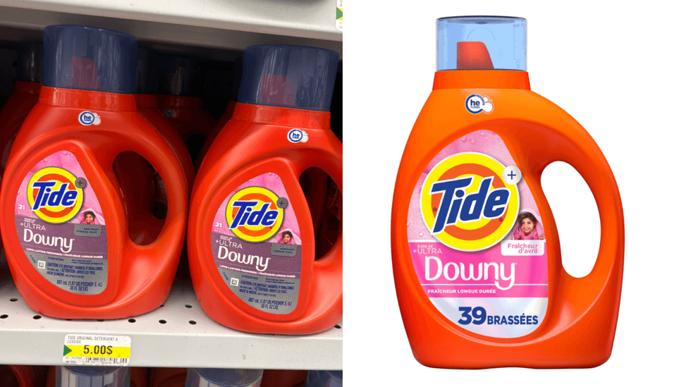 Le d\u00e9tergent \u00e0 lessive liquide Tide Plus Ultra Downy sur les tablettes du Dollarama. Droite : Le d\u00e9tergent \u00e0 lessive liquide Tide Plus Ultra Downy sur le site de Walmart.