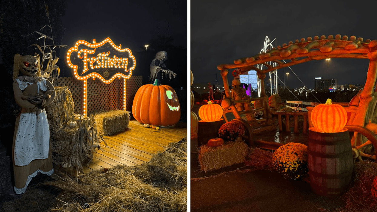 Le décor de Festiween. Droite : Les décors avec citrouilles de Festiween.