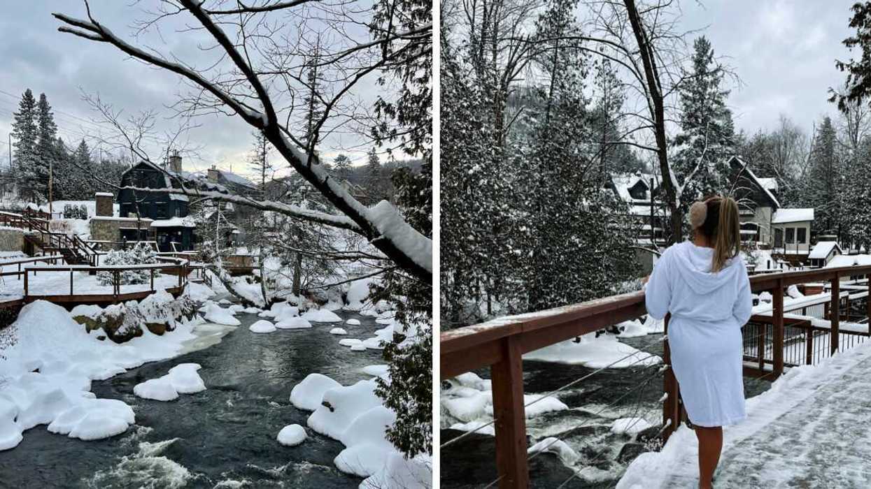 Le décor du Strom Spa nordique Saint-Sauveur en hiver. Droite : Izabelle Bee au Strom Spa nordique Saint-Sauveur en hiver.