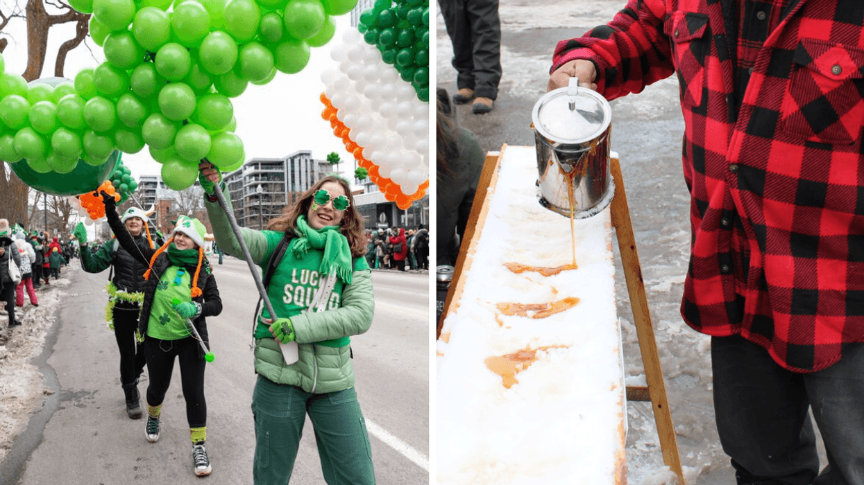 Le défilé de la Saint-Patrick à Québec. Droite : De la tire d'érable sur neige.