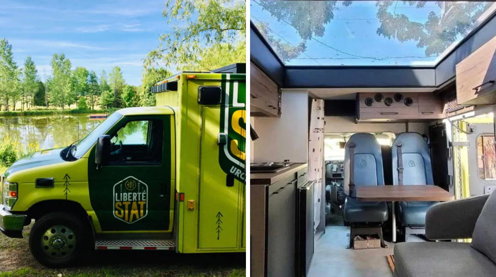 Le devant de l'ambulance convertie en VR. Droite : L'int\u00e9rieur de l'ambulance convertie en VR.