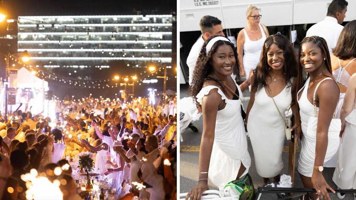 Le Dîner en Blanc de Montréal. Droite : Trois femmes se rendent au Dîner en Blanc de Montréal.