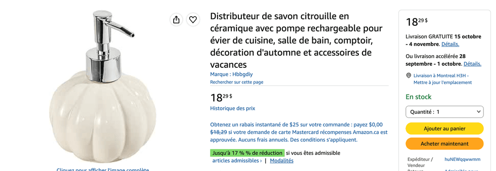 Le distributeur de savon en forme de citrouille blanc de la marque Hbbgdiy sur Amazon Canada.