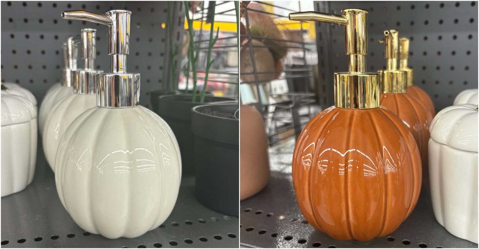 Le distributeur de savon en forme de citrouille blanc et chrome au Tigre G\u00e9ant. Droite : La version orange et dor\u00e9e.