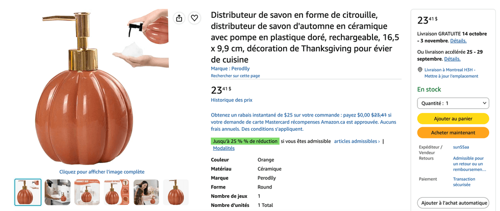 Le distributeur de savon en forme de citrouille orange de la marque Perodlly sur Amazon Canada.
