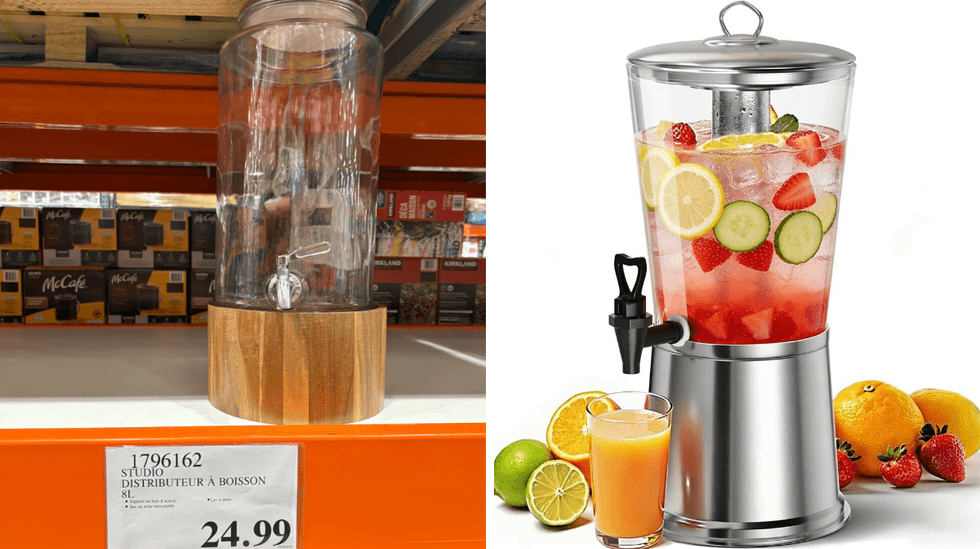 Le distributeur \u00e0 boissons Studio TU au Costco. Droite : Distributeur de boissons WantJoin sur Amazon.