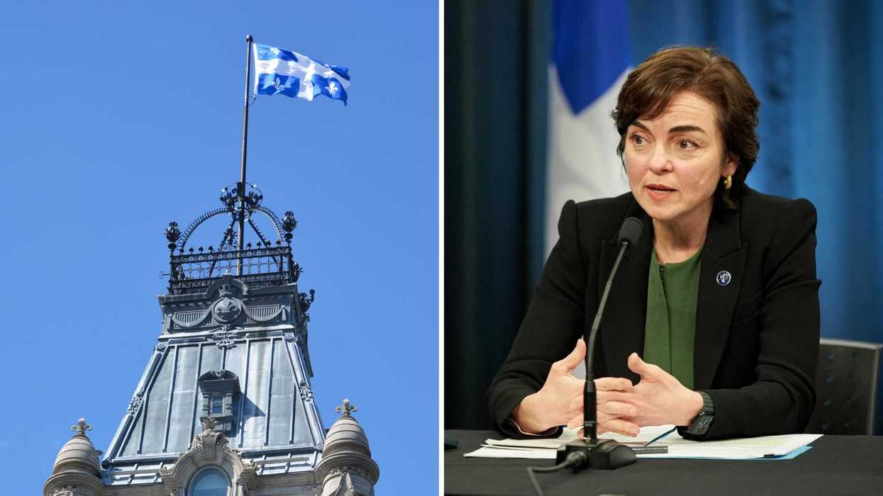 Le drapeau du Québec à l'Assemblée nationale. Droite : Christine Fréchette