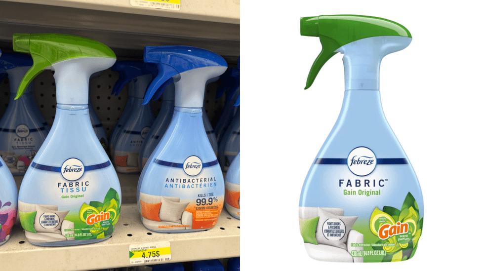 Le Febreze Rafra\u00eechisseur de tissus Anti-Odeurs avec Gain sur les tablettes du Dollarama. Droite : Le Febreze Rafra\u00eechisseur de tissus Anti-Odeurs avec Gain sur le site de Walmart.