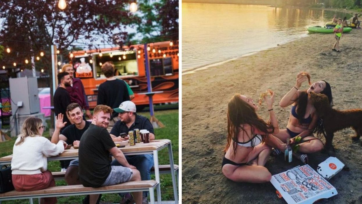 Le festival POP ton été en 2023. Droite : La plage Berge aux Quatre-Vents à Laval.
