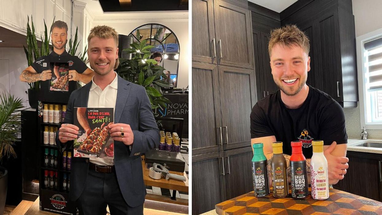 Le Fit Cook et son livre de cuisine. Droite : Le Fit Cook et ses sauces sans sucre.