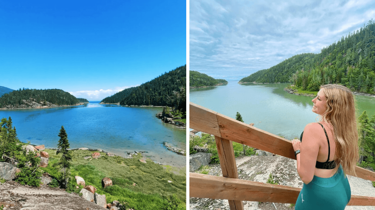 Le fleuve au parc municipal de la Baie-des-Rochers. Droite : une personne au parc municipal de la Baie-des-Rochers.