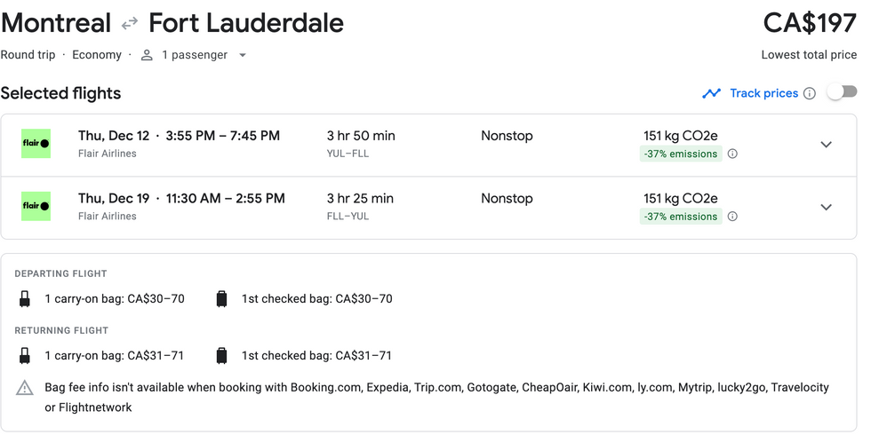 Le forfait de vols aller-retour Montr\u00e9al-Fort Lauderdale sur Google Flights.