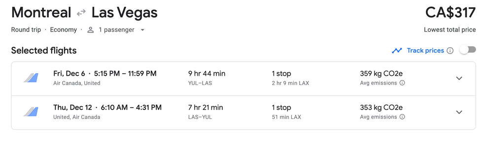 Le forfait de vols aller-retour Montr\u00e9al-Las Vegas sur Google Flights.