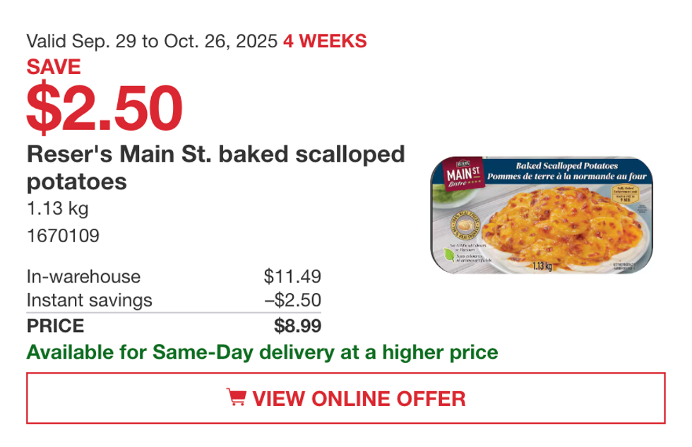 Le format de 1,13 kg de pommes de terre au gratin Reser\u2019s Main St. en vedette dans la circulaire du Costco.