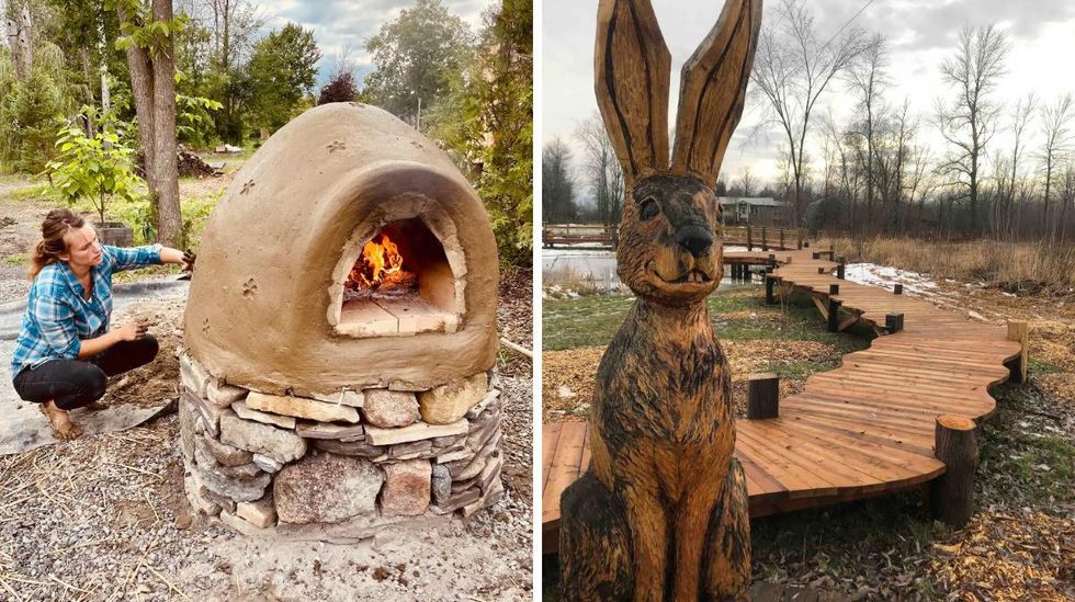 Le four \u00e0 bois ext\u00e9rieur. Droite : La passerelle.