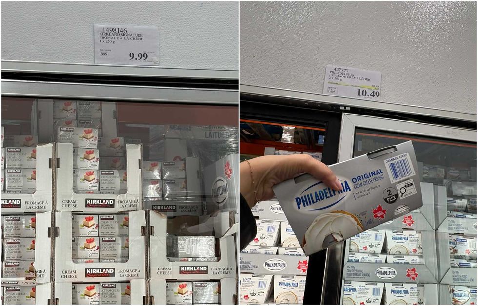Le fromage \u00e0 la cr\u00e8me de la marque Kirkland Signature au Costco. Droite : Le fromage \u00e0 la cr\u00e8me de la marque Philadelphia au Costco