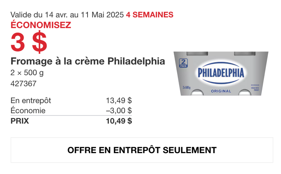 Le fromage \u00e0 la cr\u00e8me Philadelphia dans la circulaire du Costco.